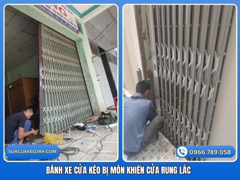 Thay bánh xe cửa kéo sắt bị mòn vỡ khiến cửa vận hành xóc nảy rung lắc
