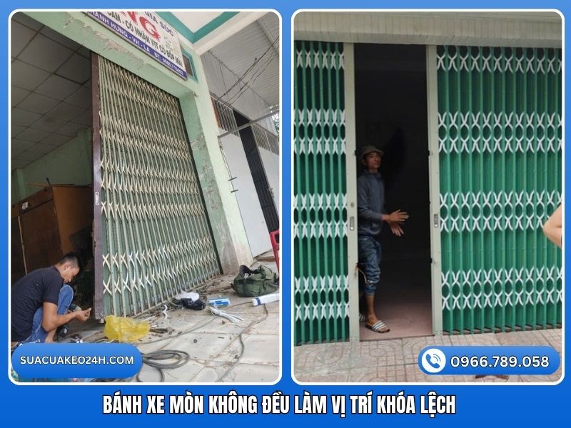 Bánh xe cửa kéo mòn không đều làm xệ cửa và lệch vị trí bát khóa