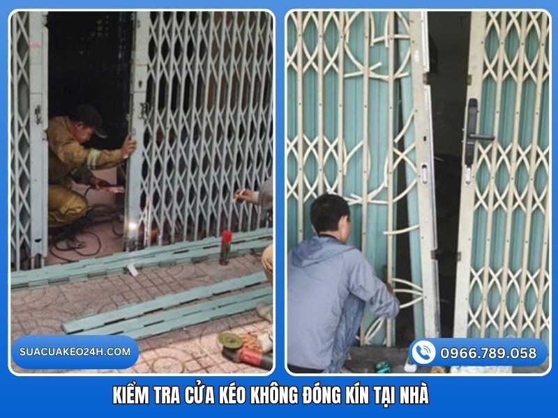 Thợ đang kiểm tra nguyên nhân cửa kéo không đóng kín tại nhà khách hàng