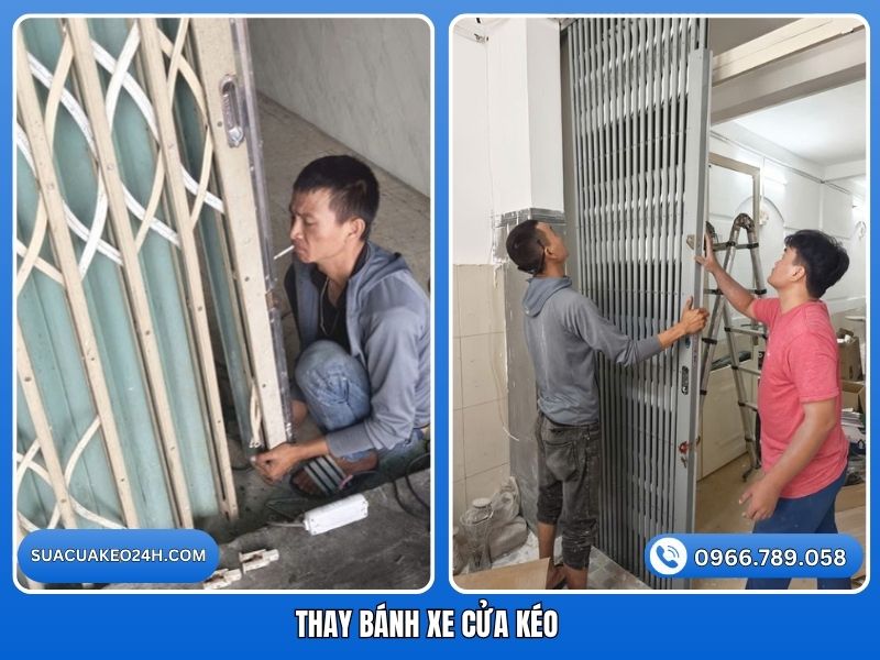 Thợ thi công thay mới bánh xe bạc đạn cửa kéo chịu lực tận nhà