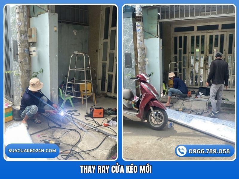 Thi công thay mới đường ray cửa kéo sắt chịu lực tận nhà