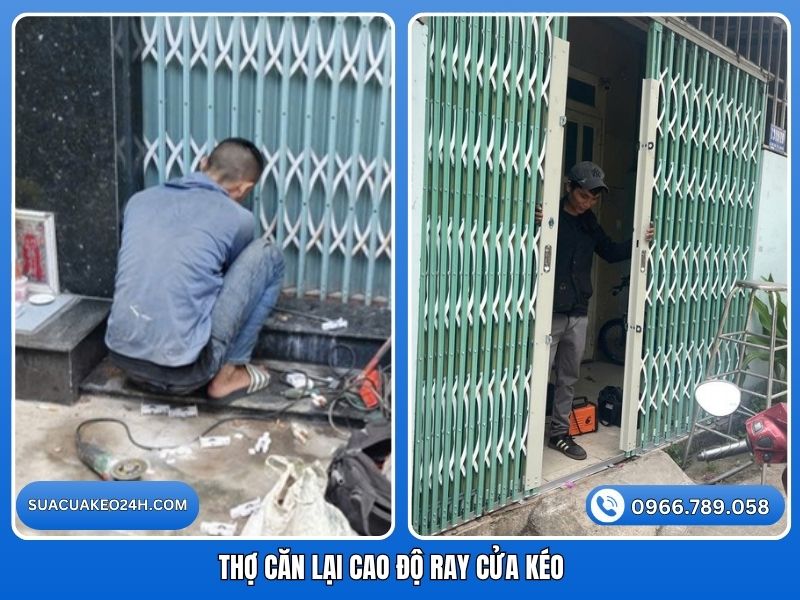 Thợ kỹ thuật căn chỉnh lại cao độ đường ray cửa kéo cân bằng