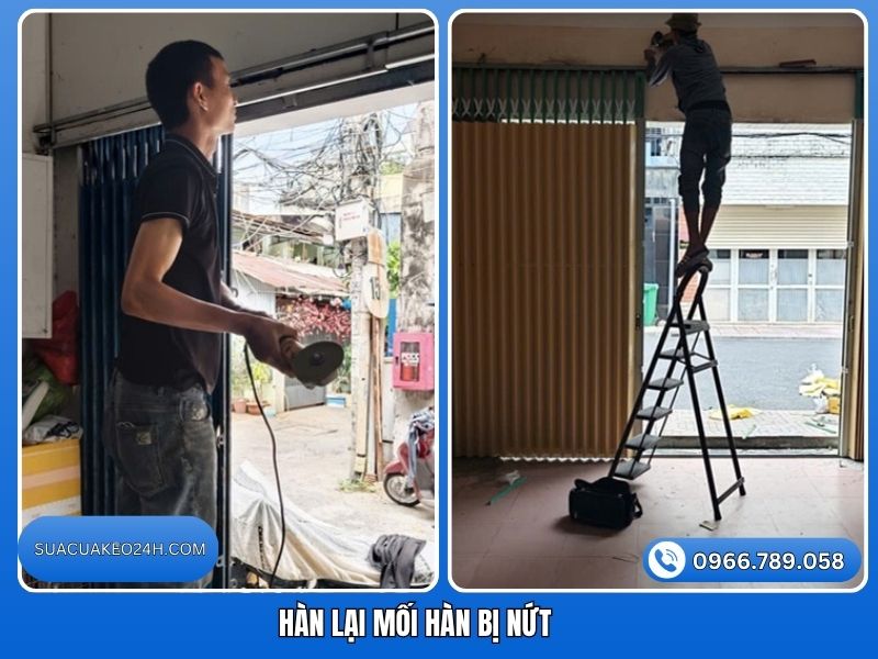 Thợ đứng thang hàn gia cố lại mối hàn máng xối cửa kéo trên cao bị nứt
