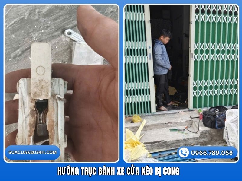 Hình ảnh chi tiết hướng trục bánh xe cửa kéo bị cong xô lệch