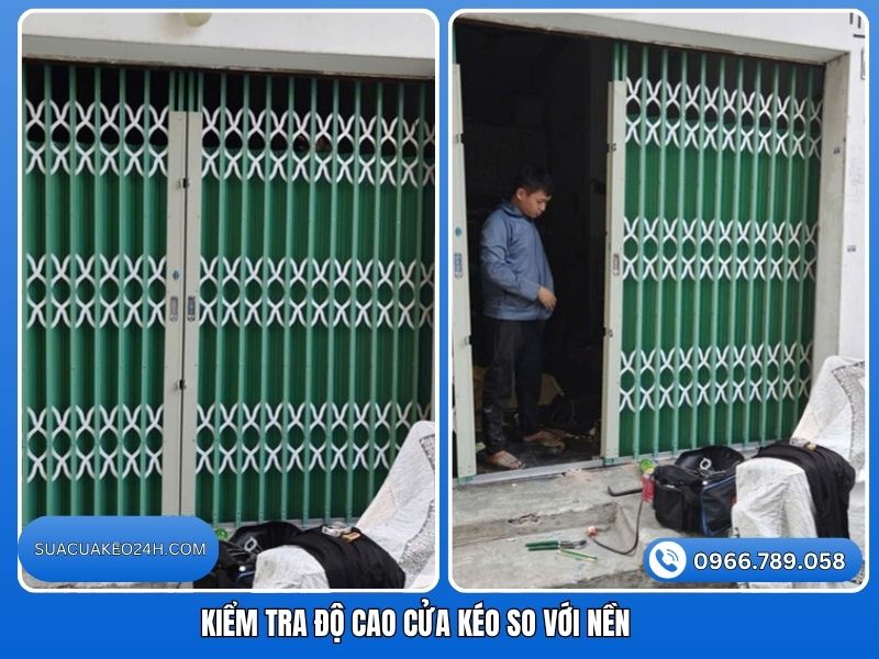 Thợ đo đạc kiểm tra độ cao chân cửa kéo so với mặt nền nhà