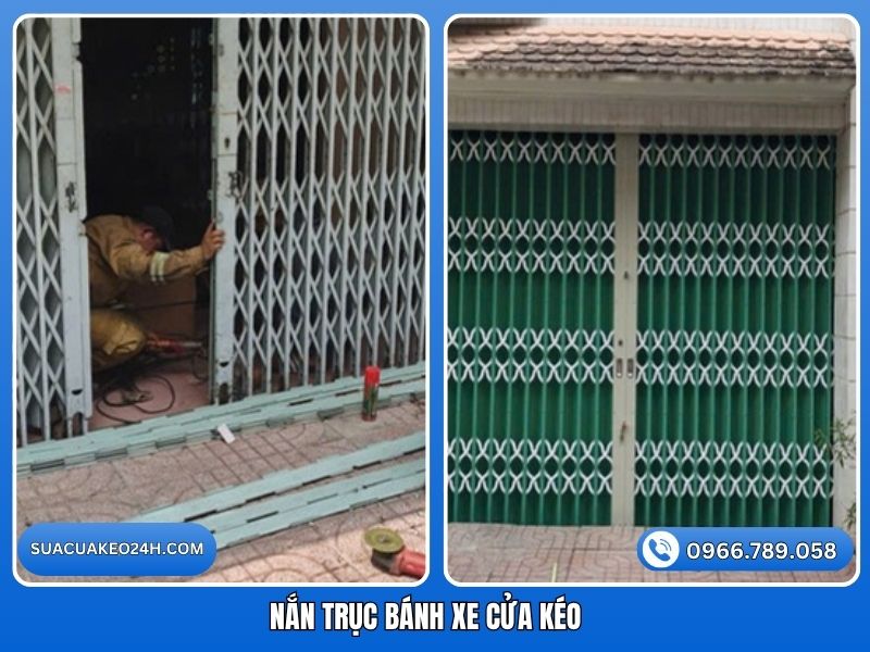 Thợ dùng dụng cụ cơ khí nắn thẳng trục bánh xe cửa kéo bị cong vẹo