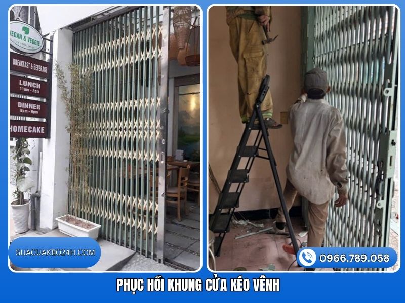 Thợ cơ khí thi công phục hồi khung cửa kéo bị vênh vẹo về dáng chuẩn